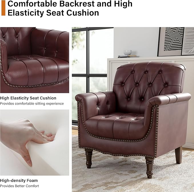 Faux Leather Club Chair, Retro Upholstered Armchair Accent Chair with Solid Wood Legs & Nailhead Trim for Living Room, Bedroom, Reading Room, Dark Red