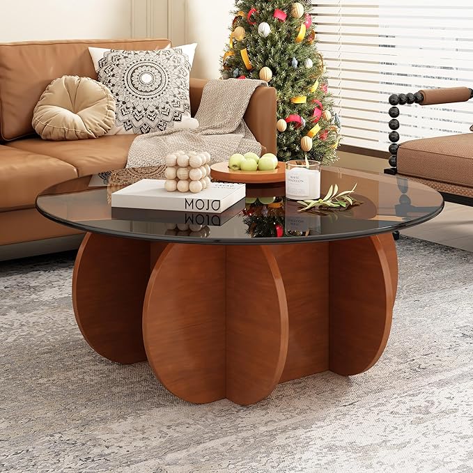 31.5'' Round Glass Coffee Table, Mid Century Modern Cocktail Table with Tempered Glass Top, Sturdy Wood-Inspired Base for Living Room, Small Spaces, Home Office – Easy Assembly (Brown + Brown)