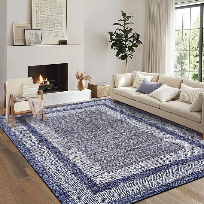GarveeHome Modern Geometric Area Rug 4x6 Distressed Bordered Washable Non Slip Floor Carpet Non Shedding Thin Soft Low Pile Contemporary Navy Blue Rug for Dining Room, Living Room