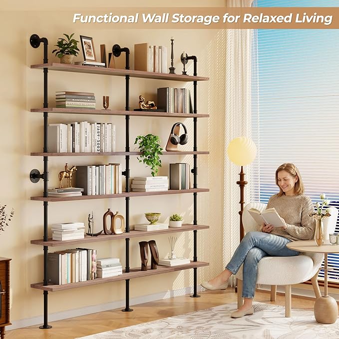 Industrial Ladder Shelf Bookcase, Wall Mounted Rustic Bookshelf, Retro Wood Metal Pipe Industrial Shelves for Living Room(Weathered Brown, 6 Tier - 10" D x 70" W x 82.5" H)