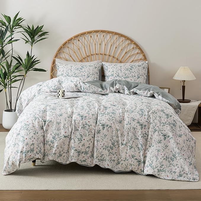 HoneiLife Floral Duvet Cover Queen - 100% Cotton Comforter Cover, Soft Botanical Bedlinen Set with Zipper Closure & Corner Ties,3-Piece Wildflower Comforter Cover Sets, Greenery