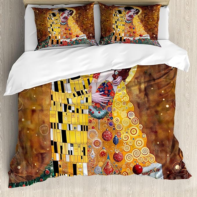 Ambesonne Christmas Duvet Cover Sets, Romantic Xmas in Golden Yellow Tones Theme with Man and Woman Kissing, Bedding Set with 2 Duvet Covers & 4 Pillowcases, 2 Pack King Size, Ginger Mustard Amber