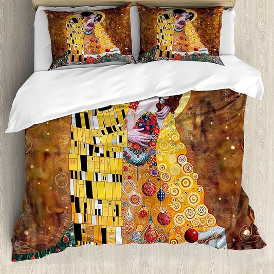 Ambesonne Christmas Duvet Cover Set, Romantic Xmas in Golden Yellow Tones Theme with Man and Woman Kissing, Decorative 3 Piece Bedding Set with 2 Pillow Shams, King Size, Ginger Mustard Amber