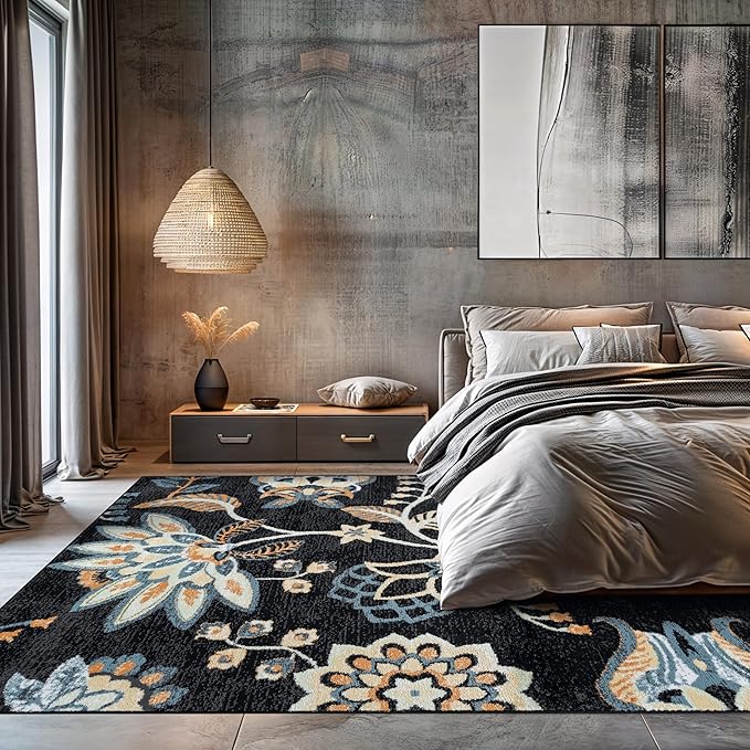 Rugshop Black Floral Area Rug 5x7 – Colorful Botanical Indoor Carpet for Living Room, Bedroom, or Dining Room – Soft Low-Pile, Non-Shedding Traditional Rug 5' x 7'