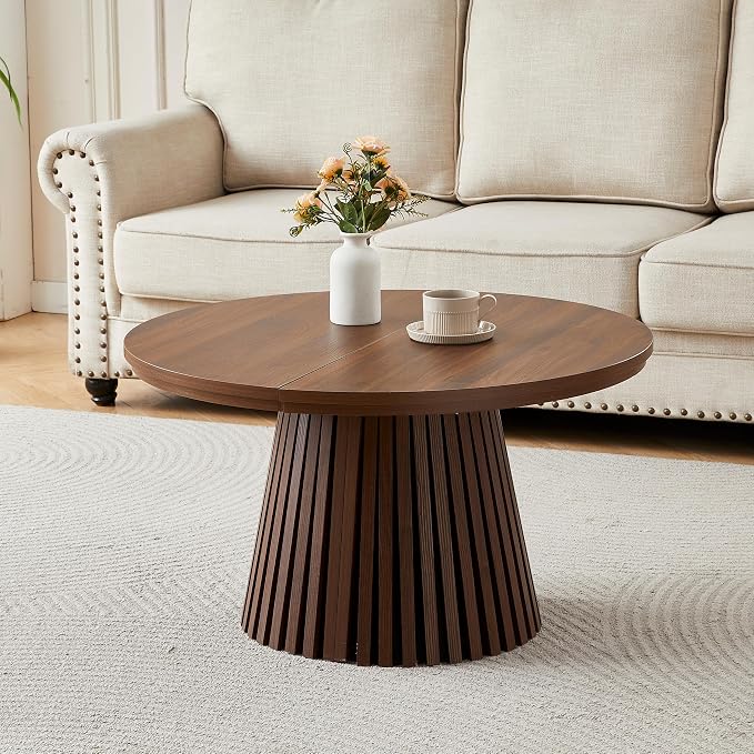 SSLine Extendable Coffee Table, 31.5"-55.1" Round to Oval Walnut Wooden Coffee Table with Fluted Base, 3 Adjustable Lengths, Space Saving Center Tables for Living Room Small Space