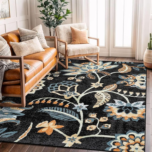 Rugshop Black Floral Area Rug 5x7 – Colorful Botanical Indoor Carpet for Living Room, Bedroom, or Dining Room – Soft Low-Pile, Non-Shedding Traditional Rug 5' x 7'