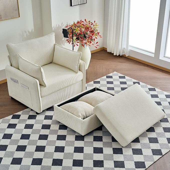 55" Modern Accent Chair with USB Ports, Storage Ottoman & Adjustable Holder, Corduroy Chaise Lounge for Reading in Apartment Living Room (Beige)