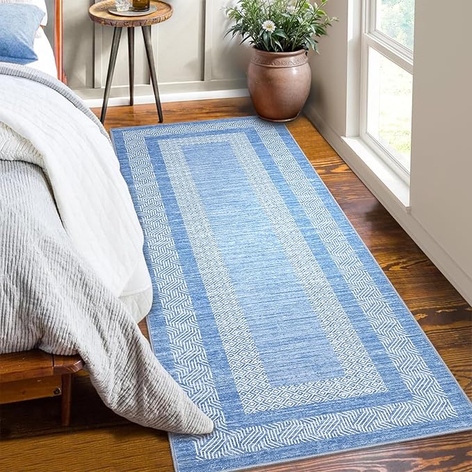 GarveeHome Washable 2.5x10 Kitchen Runner Rug, Easy Clean Geometri Rugs for Hallway Entryway, Indoor Outdoor Non Slip Rug Farmhouse Morden Carpet Door Mat Area Rug for Laundry Room Light Blue