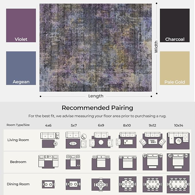 Kokia Abstract Area Rugs 10x14 Bedroom Washable Decor Low Pile Non-Slip Non-Shedding Indoor Black Purple Carpet Foldable Stain Resistant Floor Living Room Dining Room, Violet and Slate Blue