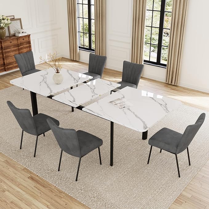 Extendable Dining Table Set for 6-8 People, 63 to 78.7 Inch MDF Kitchen Table with 6 Dining Fabric Chairs, Space-Saving for Dining Room, Breakfast Nook (White Table & 6 Grey Fabric Chairs)