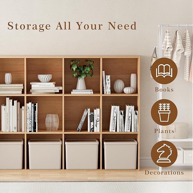 VDNEND Wooden Cube Storage Organizer with Closed Back Panel, 11in Cube Shelf Opening, Bookshelf, Display Shelf,Closet Cabinet for Home and Office (Natural Oak, 12-Cube 35.98L*9.45W*47.72H)