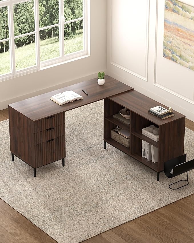 60" L Shaped Fluted Desk, Computer Desk with Movable Storage Cabinet Home Office Desk with 3 Drawers Metal Legs Corner Desk for Gaming Study, Brown