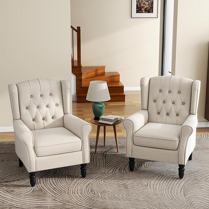 High Back Accent Chair, Fabric Upholstered Armchair Wingback Chair for Living Room, Comfy Single Sofa Bedroom Reading Seat with Solid Wood Legs - Beige