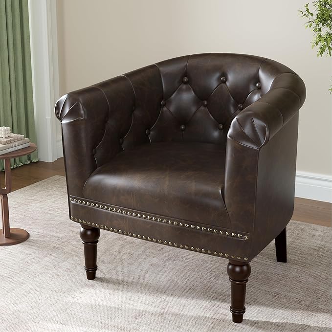 Accent Chair, Upholstered Faux Leather Barrel Chair with Nailed Trim, Comfy Club Armchair for Reading Living Room Bedroom Waiting Room-Chocolate, Set of 1