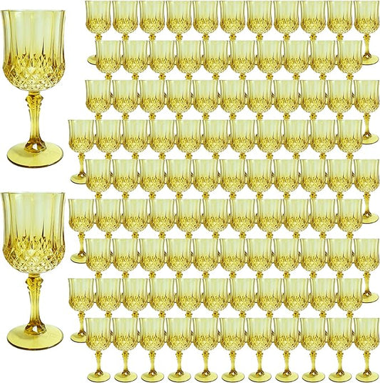 Plastic Wine Glasses, Plastic Goblets Vintage Style Cordial Drinking Glasses for Valentine’s Day, Wedding Reception, Grand Event Party Supplies (100, Gold)
