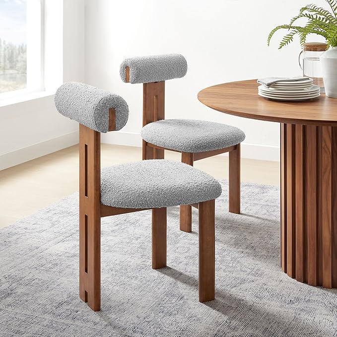 Modway Torian Upholstered Boucle Dining Chairs Set of 2 in Walnut Light Gray - 3-Legged Farmhouse Kitchen Chairs - Mid-Century Modern Armless Accent Chairs - Comfortable Side Chairs with Wood Legs