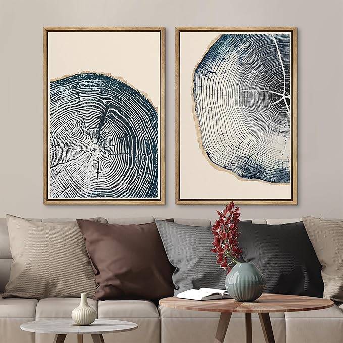 MUDECOR Framed Canvas Print Wall Art Navy Blue Wood Tree Ring Nature Illustration Modern Art Decorative Multicolor Geometric Minimal for Bedroom - 16"x24"x2 Natural