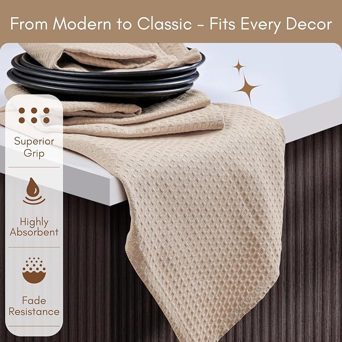 TWINY threads Kitchen Towels Set of 12, 16x26 Inches, 100% Cotton Waffle Weave Dish Towels, Soft, Absorbent Tea Towels with Hanging Loop, Washable Reusable Cloths for Cleaning, Beige