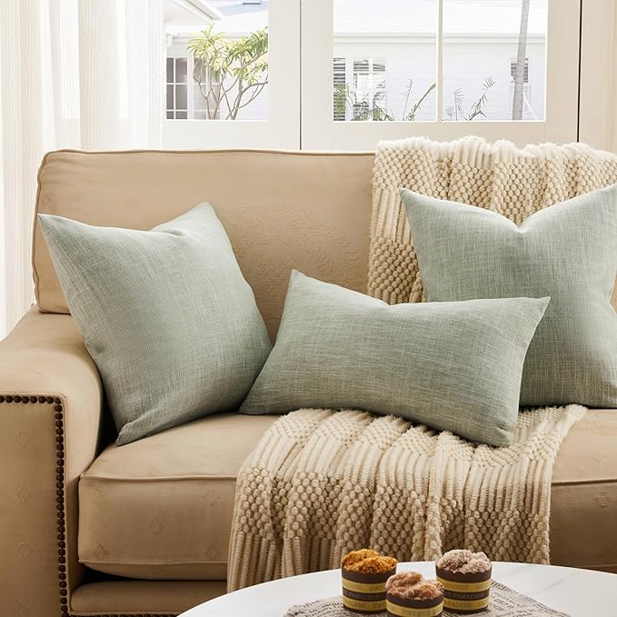 ZeeMart Rustic Cotton Linen Throw Pillow Covers Set of 2, 16x16 Inch Green, Farmhouse Style Decorative Couch Pillow Cases Sage Green Cushion Covers for Sofa Bed Living Room Home Decor