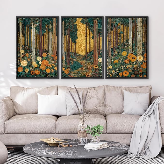 wall26 Framed Print Wall Art Set Klimt Style Sunlit Forest Vibrant Green and Gold Floral WoodlandDecorative Minimal Relax/Zen for Living Room, Bedroom, Office - 16"x24"x3 BLACK