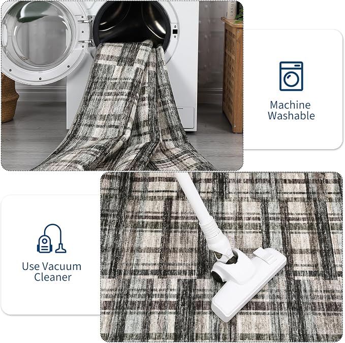 Washable Runner Rug 2x6 Runners Modern Bathroom Rugs Contemporary Plaid Low Pile Farmhouse Small Non Slip Kitchen Rug Stain Resistant Carpet for Entryway Living Room Bedroom, Green/Brown 2'x6'