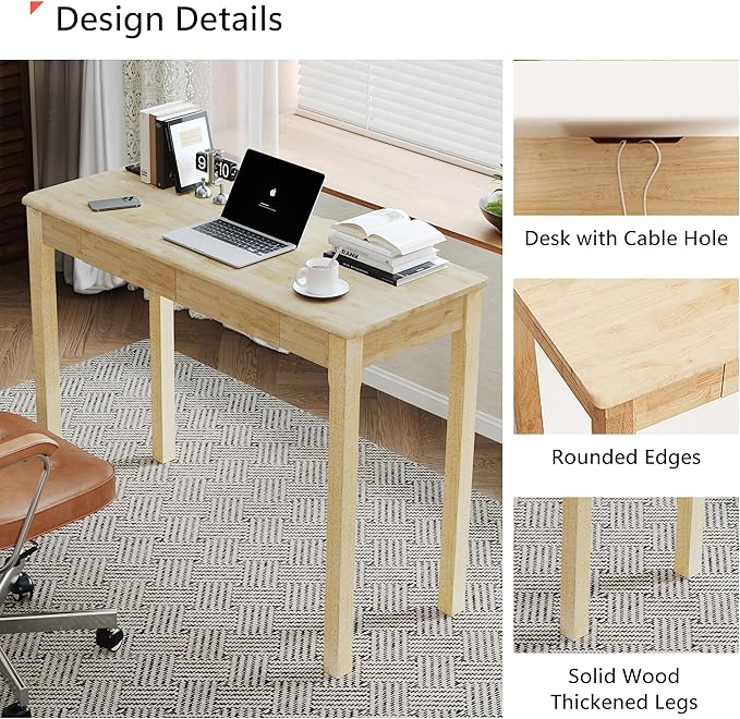 Solid Wood Desk with Drawers - 39" Narrow Desks for Small Spaces, Mid Century Modern Desks, Small Wooden Vintage Computer Writing Desk, Study Table for Home Office Bedroom, Natural
