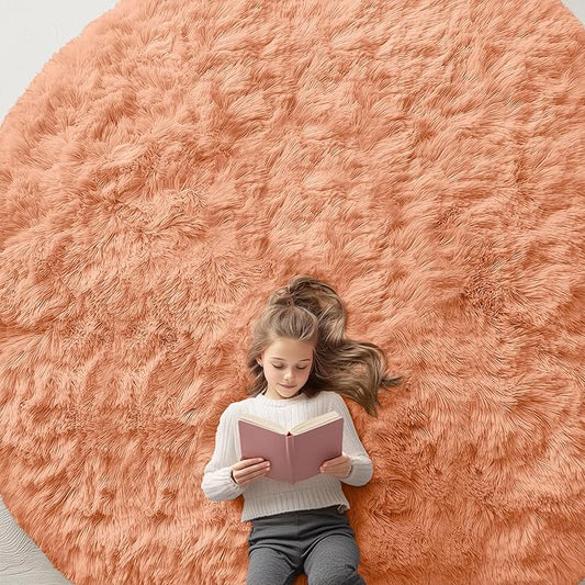 OLANLY Muted Orange Round Rugs for Bedroom - Machine Washable, 9 ft Circle Area Rugs for Living Room, Soft and Fluffy Shaggy Carpet for Teen Girl and Boys, Nursery Rooms, Dorms, Home Decor Aesthetic