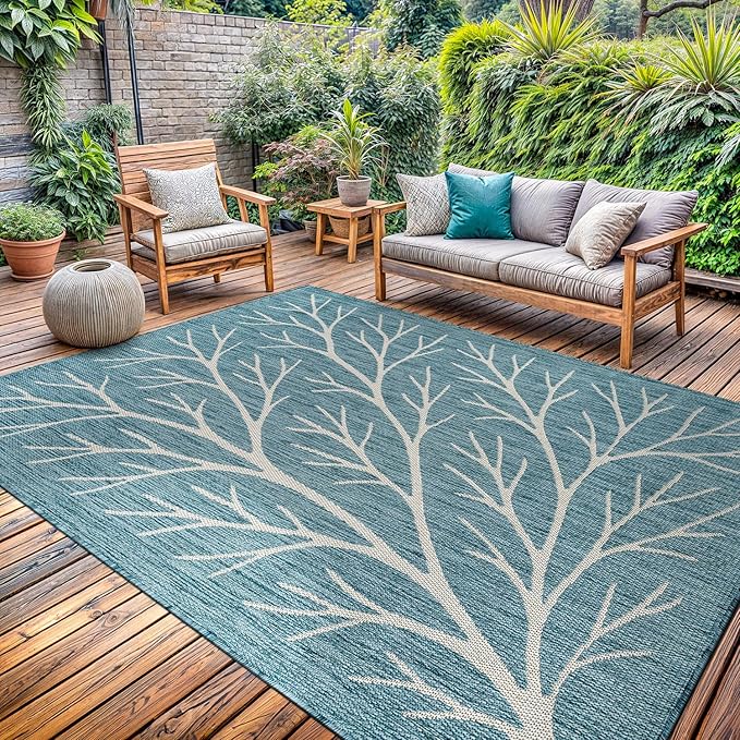 Washable Indoor Outdoor Rug 6x9 Modern Area Rugs Branch Pattern Non Shedding Waterproof Easy Clean Patio Deck Porch Living Room Bedroom Garden RV (6 X 9 Aqua)