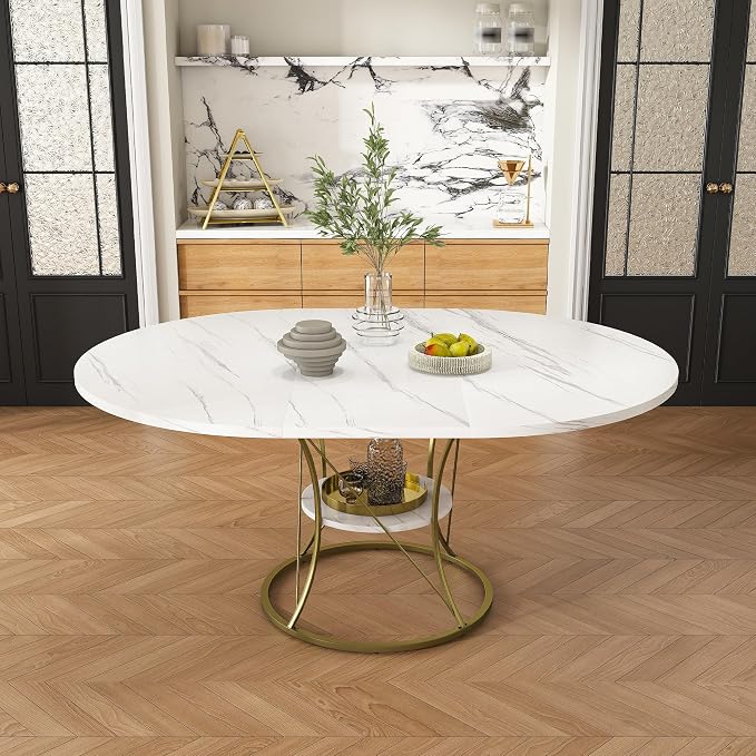 43"-59" Extendable Round Dining Table for 4-6,Mid Century Modern White and Gold Table,Expandable Kitchen Table with Storage Shelf for Small Spaces