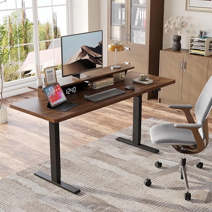 63 x 24 Inches Electric Standing Up Desk with Monitor Shelves,Height Adjustable Computer Desk from 28-46''with Memory Controller,Modern Home Office Desk for Work,Study,Walnut