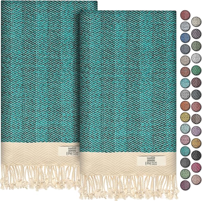 Hand Towels - Set of 2 | 18" x 30" - Decorative Turkish Hand Towel for Bathroom, Kitchen, Guest, Face, Hair, Tea, Dishcloth (Herringbone, Oil Green)