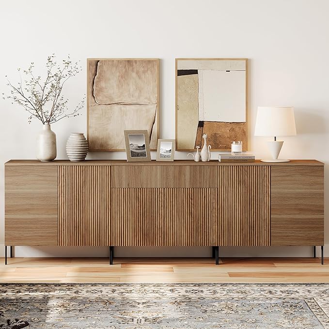WAMPAT 94.5" Buffet Sideboard Cabinet with 1 Drawer & 6 Doors, 3-in-1 Fluted Sideboard with Adjustable Shelves, Modern Buffet Table Coffee Bar Wine Bar Cabinet for Dining Room, Living Room, Walnut