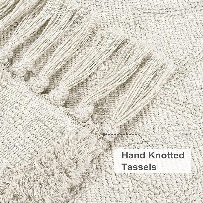 Uphome Boho Bathroom Rug 2' x 3', Washable Small Farmhouse Bedroom Rugs with Tassels, Beige Geometric Bath Mats for Home Decor, Cotton Woven Moroccan Tufted Throw Rug for Entryway Front Door Kitchen