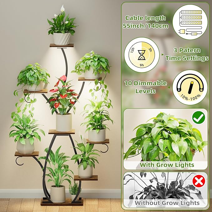 Plant Stand Indoor with Grow Lights - 58" Tall Plant Shelf Indoor, 8 Tiered Corner Lighted Plant Stand for Indoor Multiple Plants, Metal Flower Stands Display Rack for House, Patio, Black