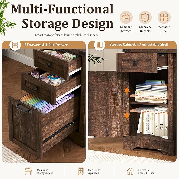 Squireewo 68.9'' Farmhouse L Shaped Desk with Drawers, Wood Executive Home Office Desk with Charging Station, File Drawers and Storage Cabinet, Computer Corner Desk for Work, Study and Writing, Brown