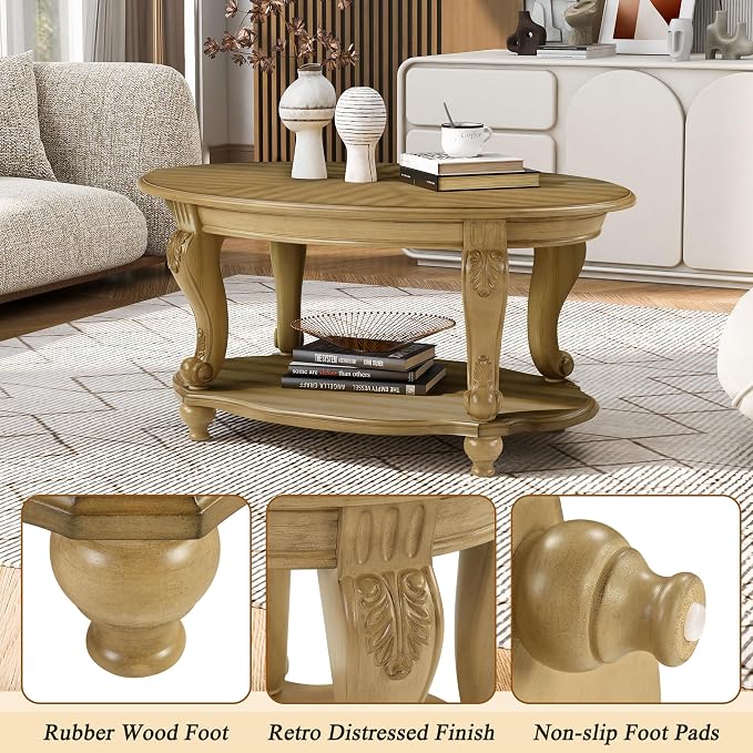 42'' Oval Wood Coffee Table for Living Room, Mid Century Farmhouse Round Coffee Tables for Apartment, Easy Assembly Traditional Coffee Table Centre Table Retro Cocktail Table, Antique Natural