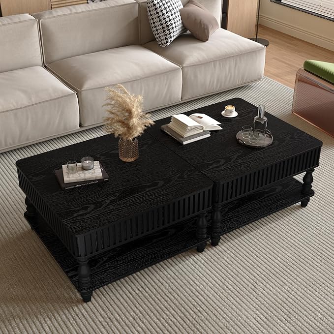 31.5 Inch Square Lift Top Coffee Table with Hidden Storage, 2 Tier Wooden Square Fluted Coffee Table with Open Shelf & Sculpted Legs, Retro Center Table for Living Room, Apartment, Home Office, Black