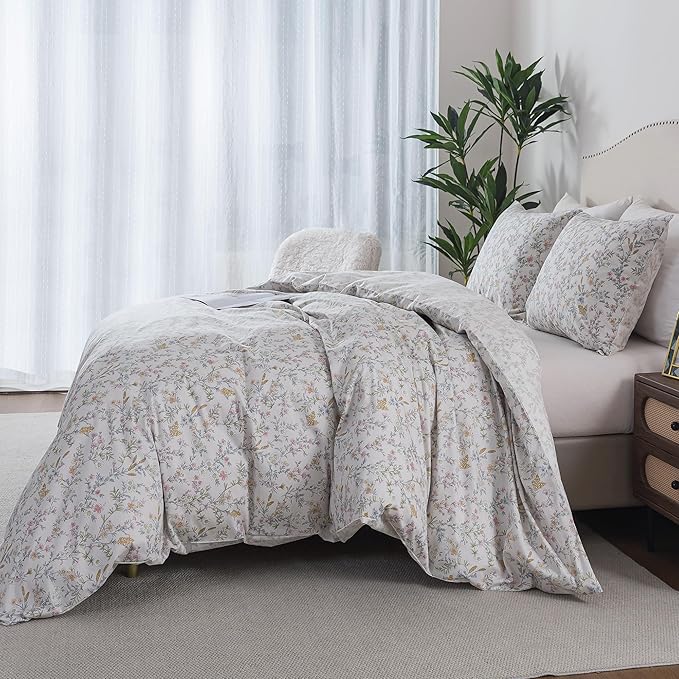 HoneiLife Wildflower Duvet Cover Queen - 100% Cotton Comforter Cover Sets, 3-PC Comfortable Floral Duvet Cover Sets, Botanical Duvet Cover with Zipper Closure & Corner Ties, Lively Spring