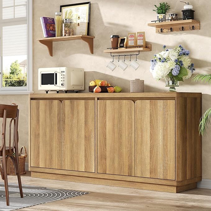 Buffet Cabinet with Storage, Outlet & Adjustable Shelves, Sideboard Cabinet with Double-Arc Doors, Classic Modern Wood Console Table & Credenza for Dining Room & Entryway