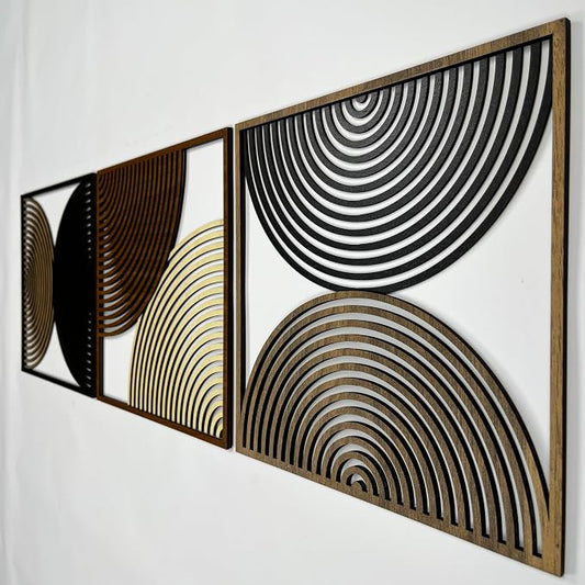 Boho Mid Century Wood Wall Art Set of 3, Abstract Geometric Wooden Wall Decor, Modern Decorative Panels, Large Home Accents Gift for Living Room and Bedroom