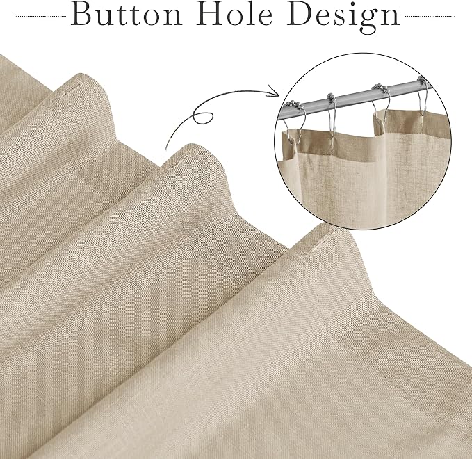 KGORGE Linen Shower Curtain - Semi Sheer Lightweight Button Hole Half Privacy Quick Dry Shower Curtains for Bathroom Bathtub Decor, Angora, 72 x 78 inches Long, Hooks Included