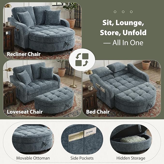 Round Chaise Lounge Chair with Storage Ottoman, Oversized Bubble Chair and a Half Featuring Adjustable Backrest, Plush Reading Accent Chair and Ottoman Set for Bedroom, Navy Blue