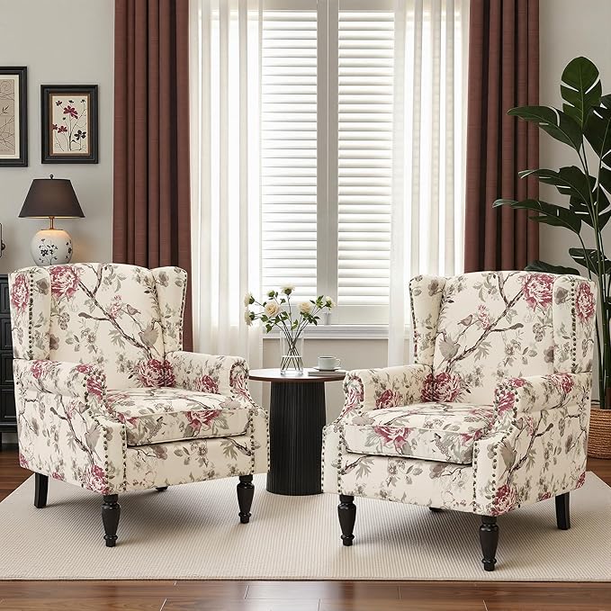 Wingback Chairs Set of 2, High Back Floral Accent Chair in Fabric, Comfy Upholstered Armchair with Nailhead Trim for Living Room, Single Sofa Reading Chair for Small Spaces, Bedroom-Beige