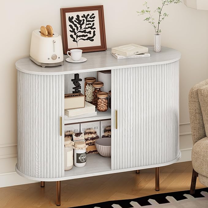 DHH Sideboard Buffet Cabinet with Storage,Mid Century Modern Fluted Accent Coffee Bar Console Table,Tambour Sliding Doors& Adjustable Shelf for Kitchen, Living Room, Entryway (White, 40 Inch)
