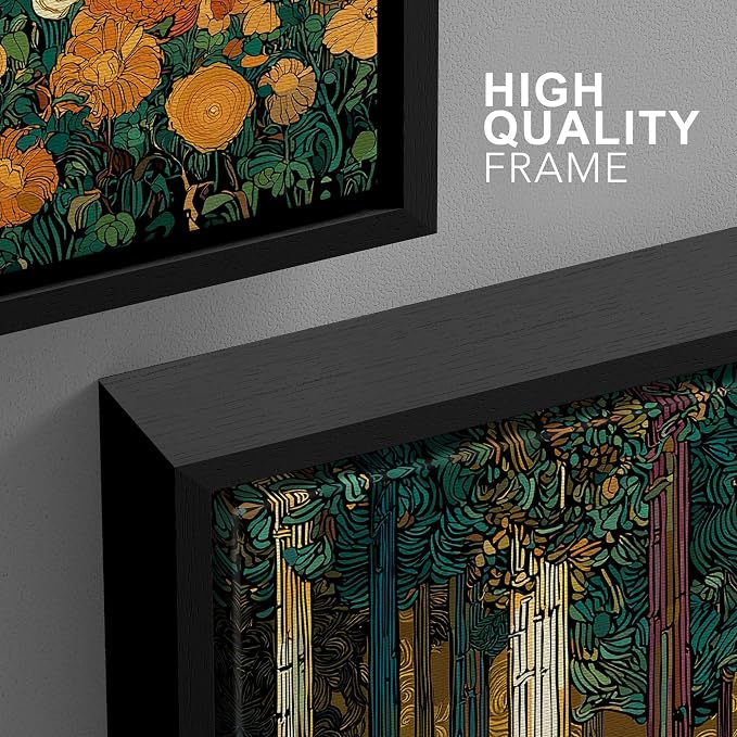 wall26 Framed Print Wall Art Set Klimt Style Sunlit Forest Vibrant Green and Gold Floral WoodlandDecorative Minimal Relax/Zen for Living Room, Bedroom, Office - 16"x24"x3 BLACK