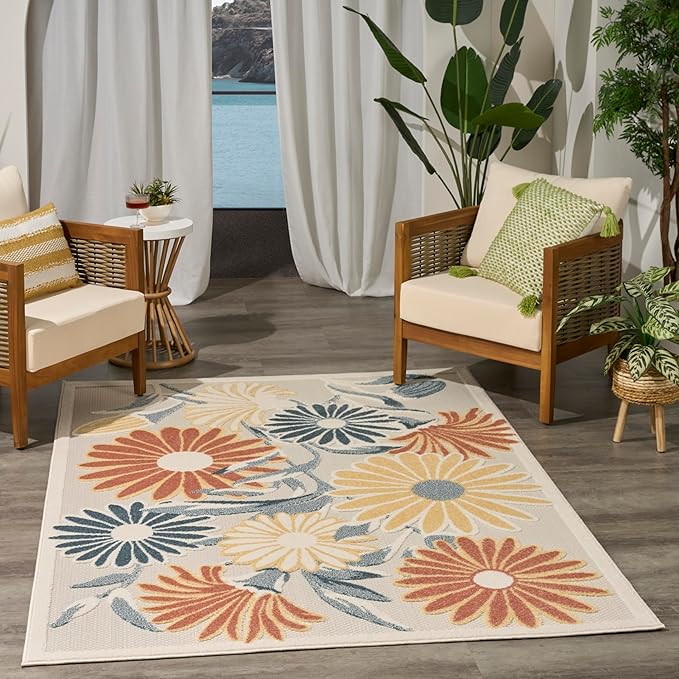 Nourison Home Aloha Ivory Rose 5'3" x 7'5" Area Rug - Easy Clean, Non Shedding, Bed Room, Living Room, Dining Room, Kitchen (5' x 8')