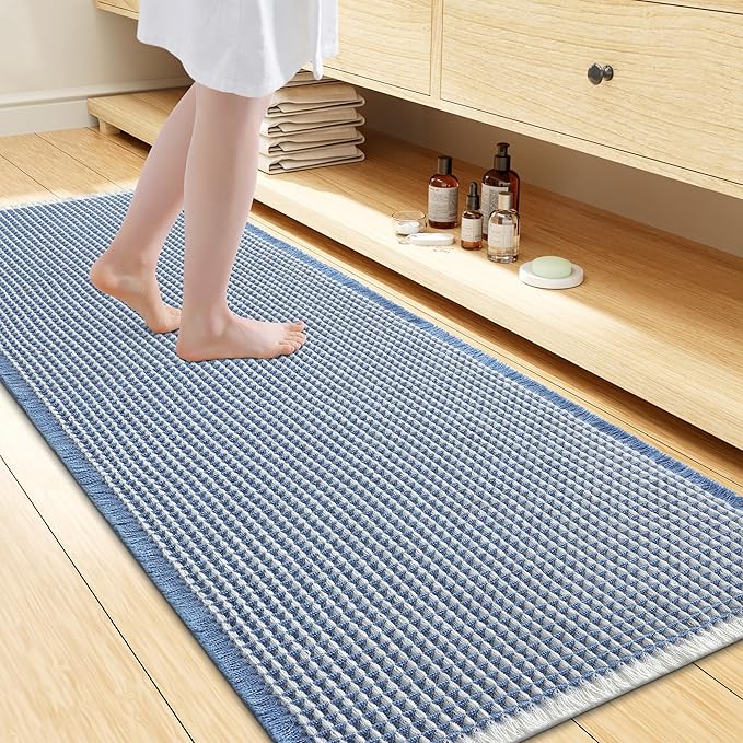 Smiry Waffle Bath Mat 60x24, Extra Soft Absorbent Bathroom Rugs, Non Slip Machine Washable Quick Dry Bath Rugs for Bathroom Floor, Tub, Shower, Home Decor Accessories, Blue & Cream