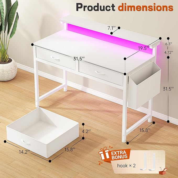 DurayLoly Computer Desk with 2 Drawers & LED Lights,31Inch Home Office Desks with Side Pocket and Monitor Stand,Study Writing Table for Small Spaces,White