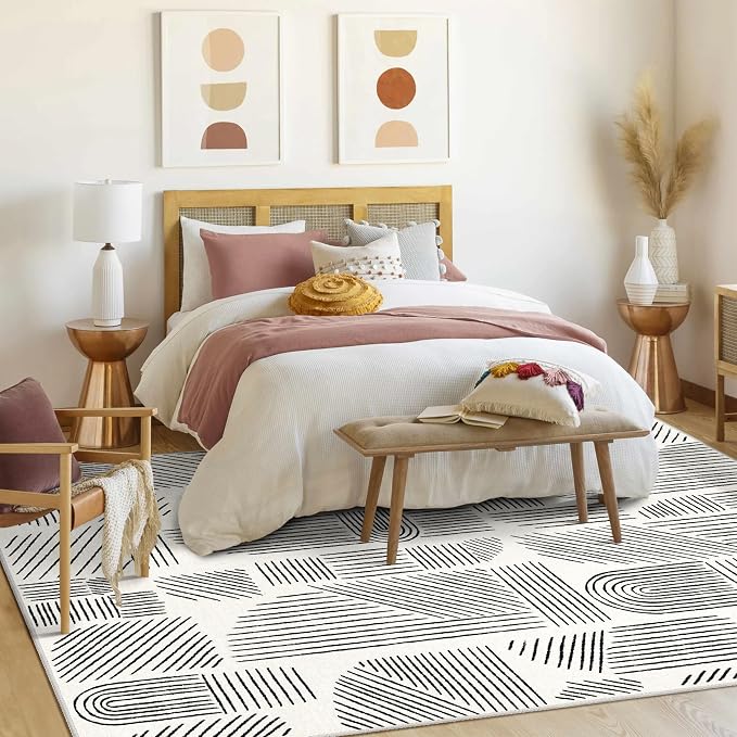 MUJOO 8x10 Washable Area Rug,Mid Century Modern Abstract Non Slip Low Pile Rug,White and Black Large Rug for Living Room Bedroom Dining Room