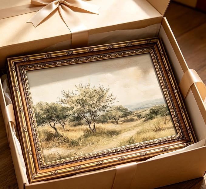 Vintage Gold Framed Olive Tree Landscape Wall Art - Retro Country Farmhouse Canvas Prints, Rustic Nature Scene Painting Prints Artwork for Living Room Bedroom Dining Room Decor，12x16in